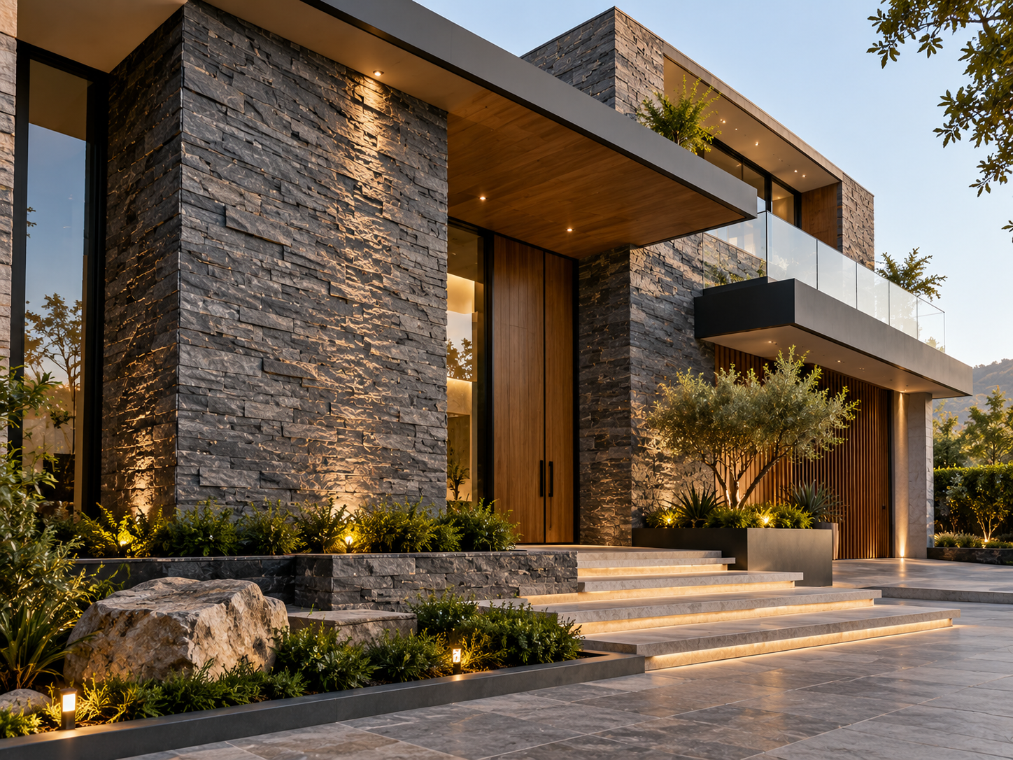 Contemporary Stone Residence featuring natural stone veneer