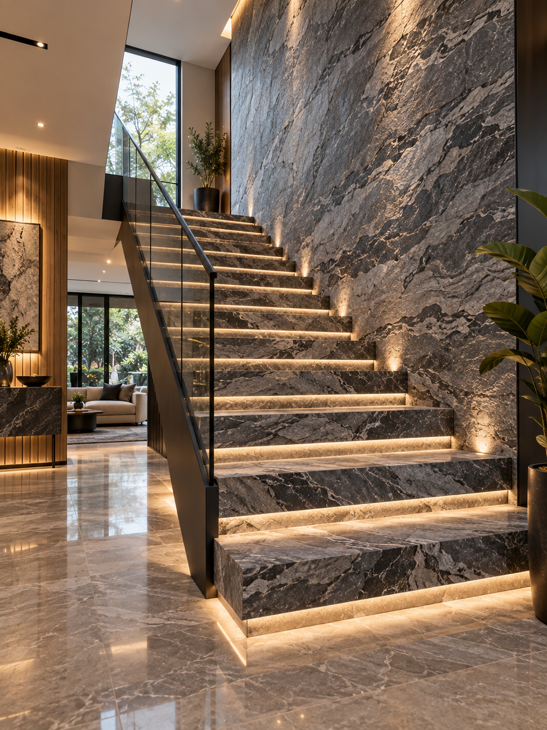 Sculpted Staircase clad in Silver Grey Black stone veneer
